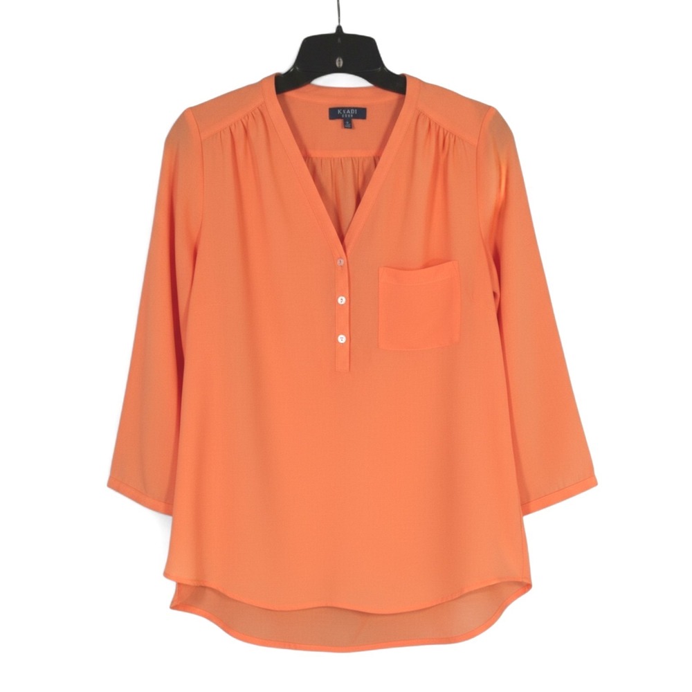 KAARI BLUE Twill SEMI-SHEER PLAID Orange BUTTON V-NECK 3/4 Roll-Tab BLOUSE/TOP L